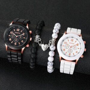 Geneva Couple Watches Silicone Band Quartz Magnetic Heart Beads Bracelets Set